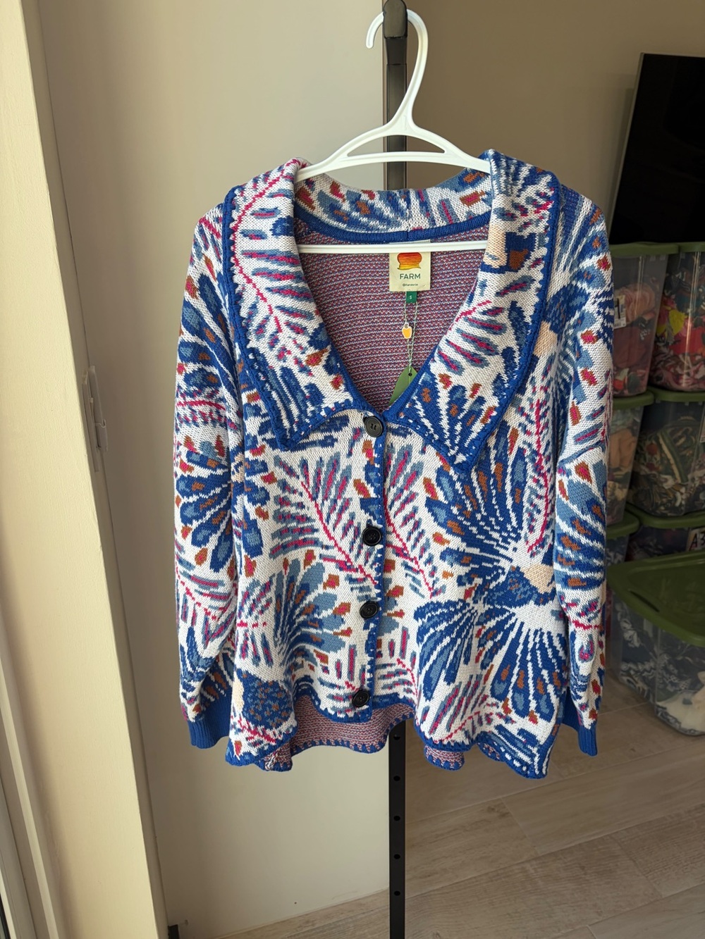Farm Rio Blue Patterned Knit Cardigan Sweater - Picture 4 of 6